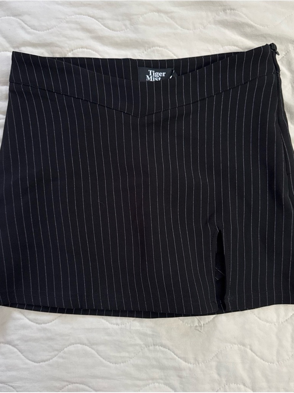 Tiger Mist Black Pinstripe Mini Skirt with White Stitching
